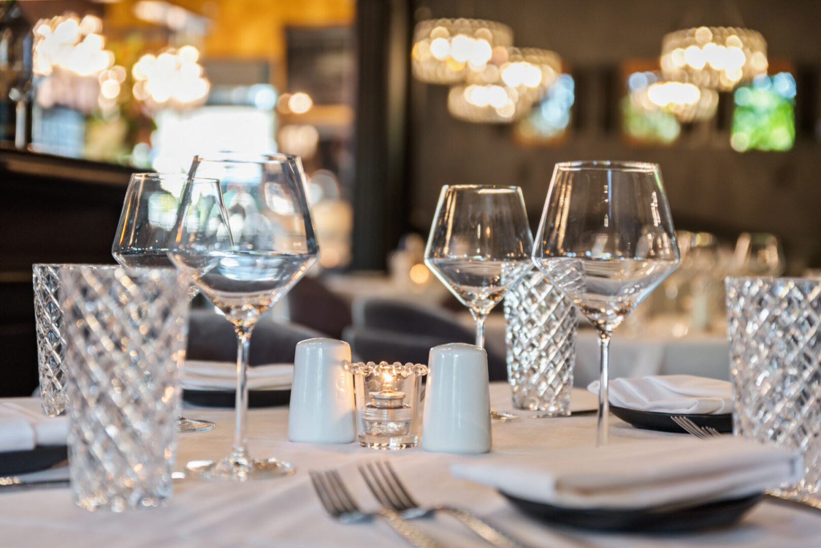 Elegant Glassware on a set table at Cucina Venti