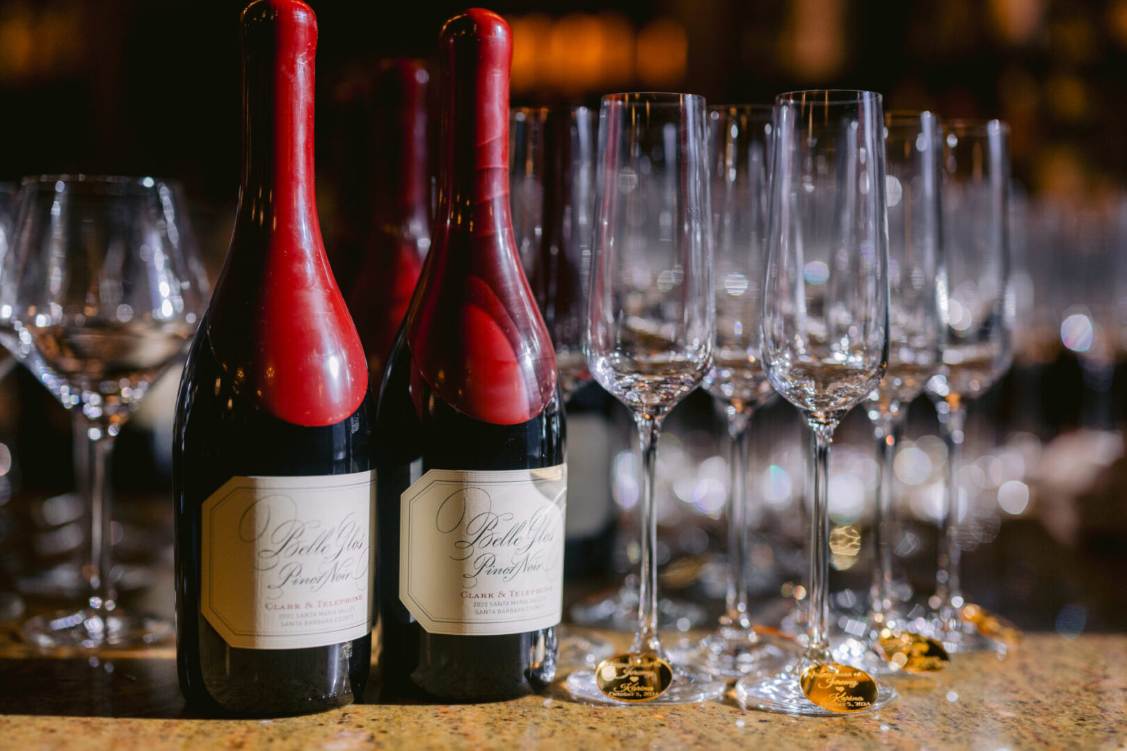 Wine bottles and glasses.